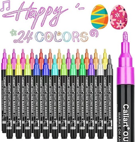 Caliart Easter Basket Essentials, 24-Color Shimmer Outline Markers, Easter Baske