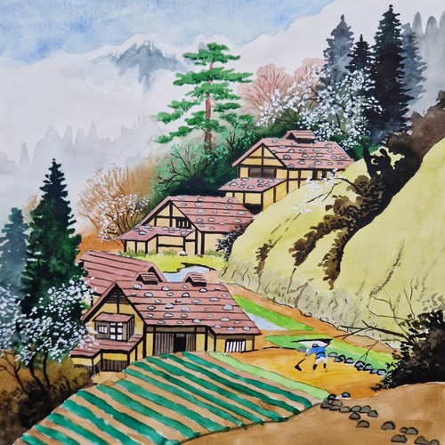 Village Painting Japanese Landscape Painting Original Watercolor Painting - 第 1/5 張圖片