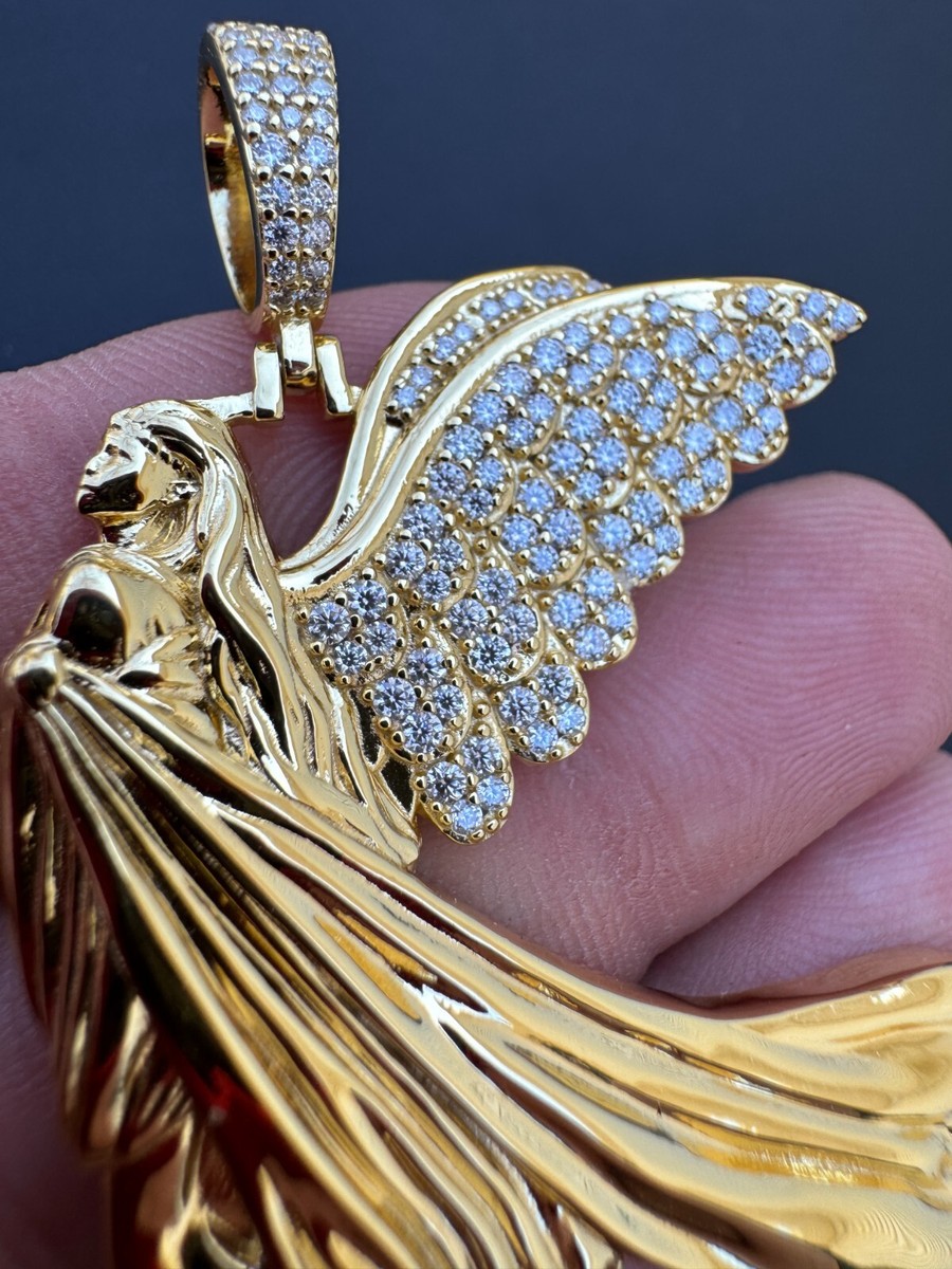 Moissanite Guardian Angel Pendant Real 14k Gold & 925 Silver Iced