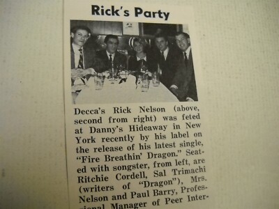 RICK NELSON at party Danny's Hideway in New York 1966 music biz promo pic/text