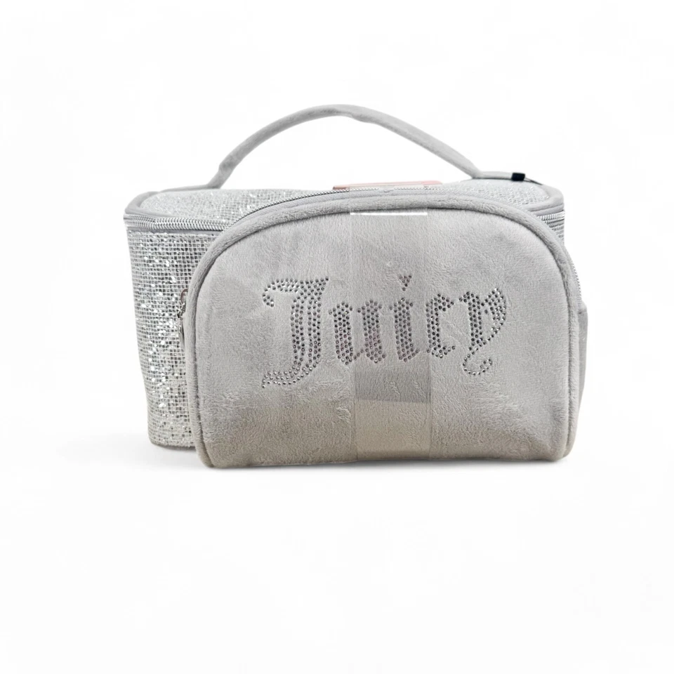 Juicy Couture Bolsa de Maquillaje Cosmético Plata Brillo y Terry Terciopelo Tren Conjunto Dúo Foto 2 de 4