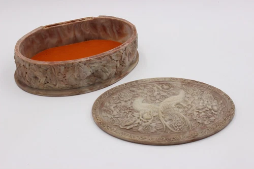 Vintage Incolay Birds of Paradise Stone Jewelry Box with Orange Velvet READ DMG