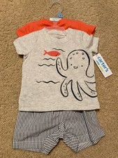 Carter's Boy's 3-Piece Striped Short Set 3-6 M Ocean Octopus Gray Blue Salmon