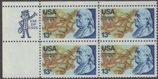 Scott # 1690 - ZIP Block Of 4 - Benjamin Franklin & Map - MNH - 1976