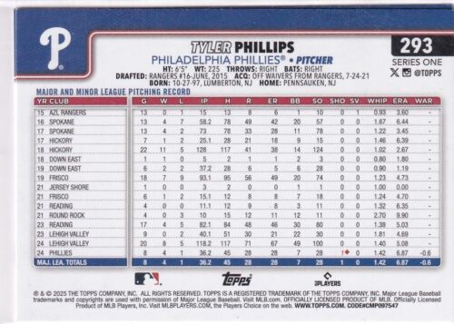 2025 Topps MLB Baseball Series 1 No. 293 Tyler Phillips Rookie Phillies - Bild 2 von 2