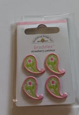 Crafts Doodlebug Brads Braddies Strawberry Paisleys Flowers X 4