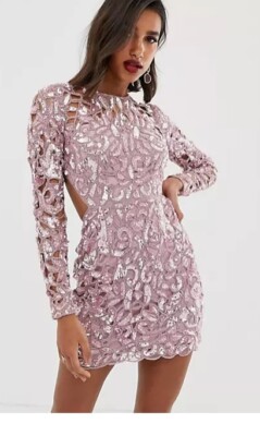 asos edition sequin cutwork open back midi dress ASOS EDITION sequin cutwork open back long sleeve pink mini dress womens  size 8