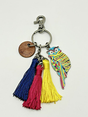 Sakroots Pewter Multicolor Enamel Owl Bag Charm Keychain with Tassels