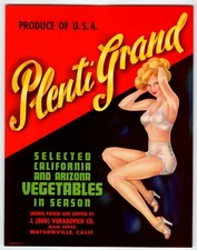 Plenti Grand Sexy Blonde Pinup Lady Basket Vegetables Crate Label 1940s Vintage