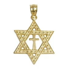New 14k Yellow Gold Star of David with Cross Pendant