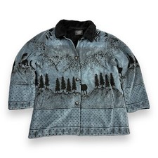 Vtg Outbrook Women’s Blue Plush Fleece Coat Elk Mountain Forest Western Button L