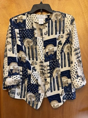 Kathy Che Navy Blue And Beige Vintage Blouse Size 8