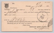 American Steel and Wire Co Order Receipt c1901 Postcard Chicago Joliet Illinois