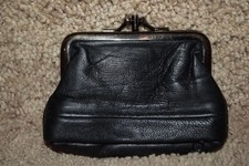 Black Leather Coin Change Purse 2 Snap Closure Areas, Zipper Bottom