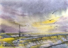 Original Painting Artwork Modern Landscape BIRD SKY BOAT Seascape Arts Signed A5