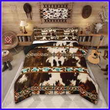 Cowhide Quilt Brown Highland Cow Print Queen Comforter Set,Western Bedding Se...
