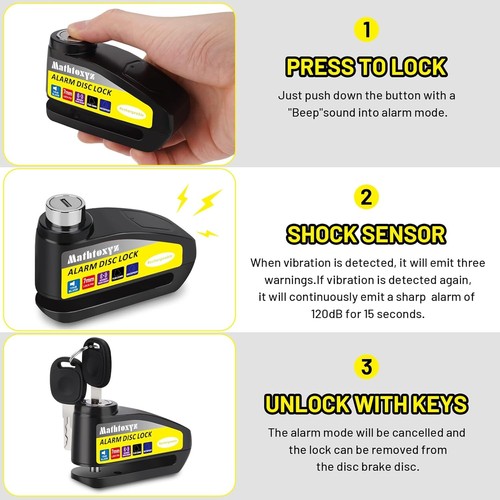 Motorcycle Lock Rechargeable, 120dB Alarm Disc Brake Locks Anti-Theft Yellow - Picture 5 of 7