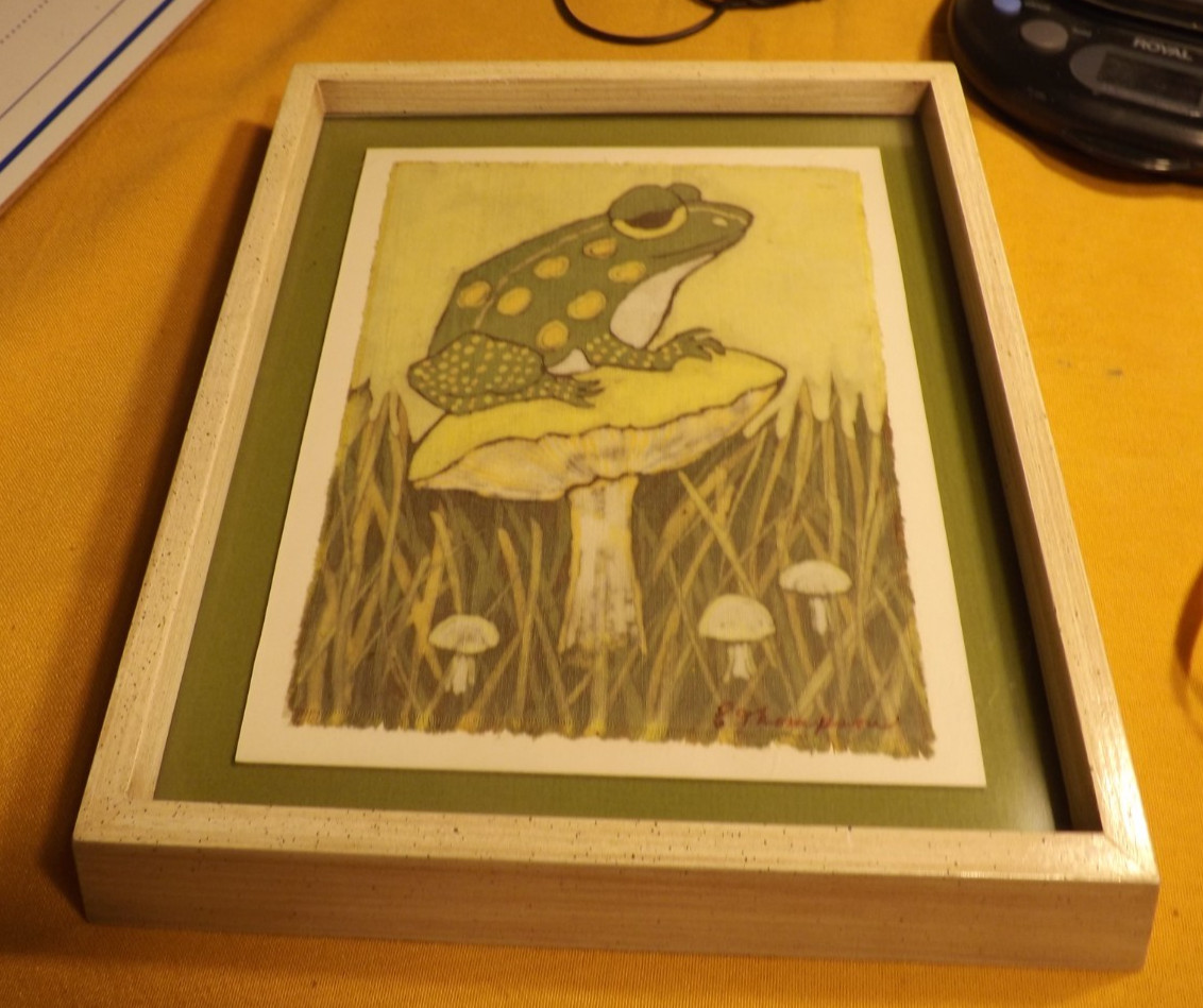 MCM Eleanor Thompson Batik Frog on Mushroom, signed, framed & ready to hang