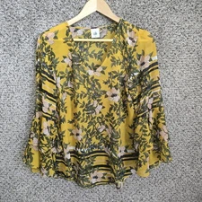 CAbi Top Womens Small Yellow Spring Scene Blouse Bel Sleeve Sheer Style 5518