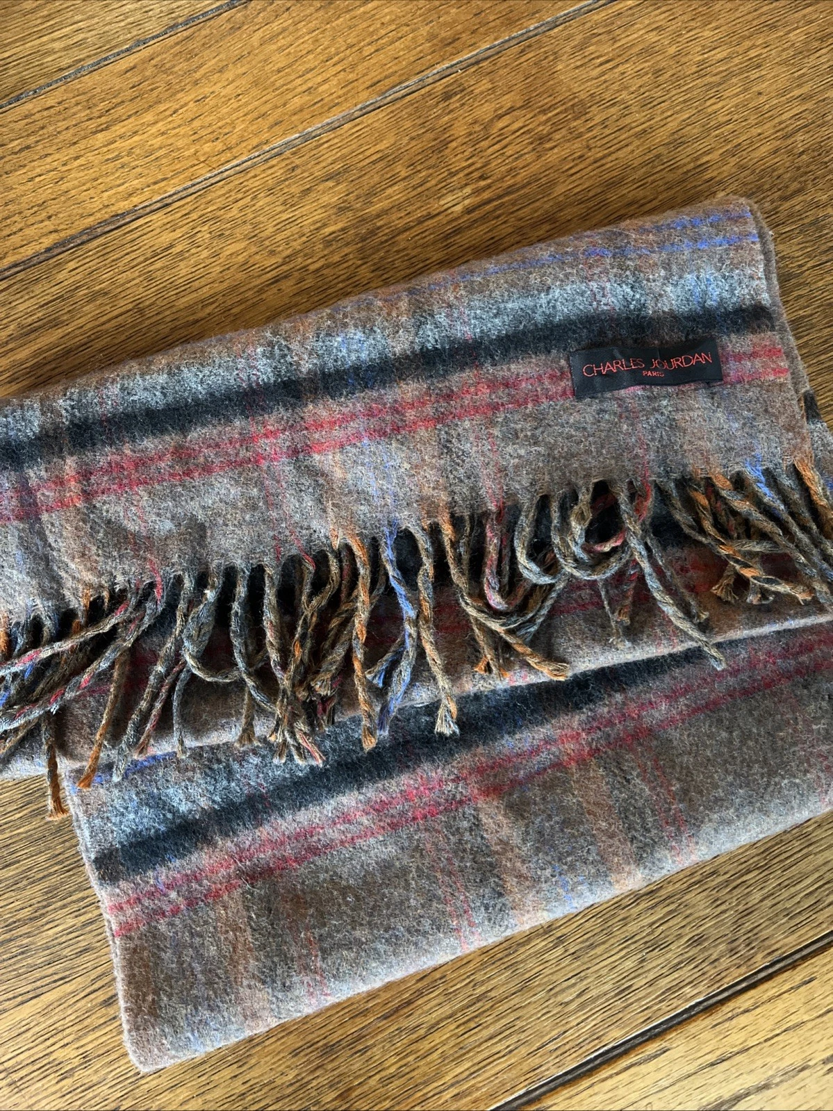 CHARLES JOURDAN Paris 100% Wool Scarf Classic Plaid Unisex Fringed Brown Nice!