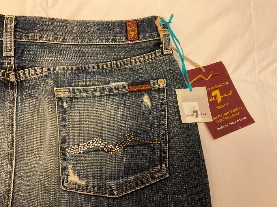 Nuevo 7 Para Toda la Humanidad Envejecido Dobladillo Crudo Denim Mini Falda Estrás Bolsillos 29 Foto 2 de 4