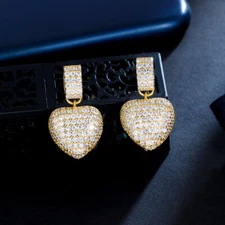 Awesome Gold Pave CZ Long Lover Heart Dangle Drop Earrings for Promise Wedding