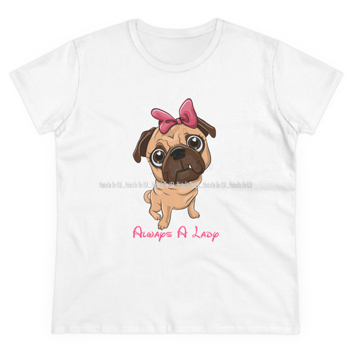 Pug Puppy Dog Breed Cartoon Portrait Always A Lady Pink Bow Ladies T Shirt S-3X - Picture 2 of 3