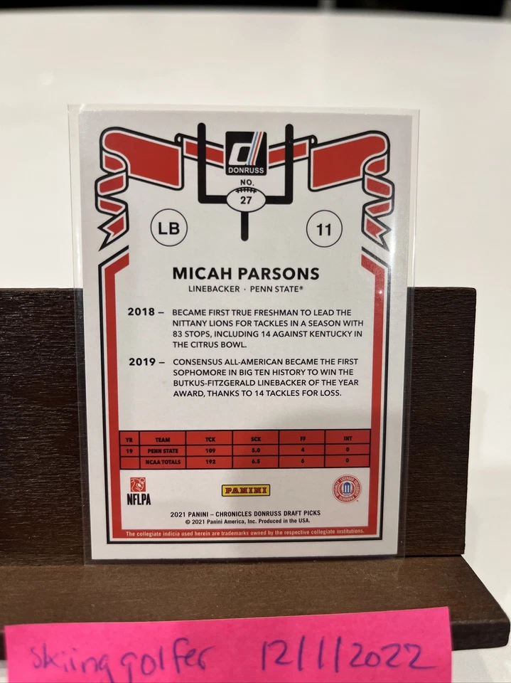 2021 Chronicles Draft Picks Micah Parsons Green SP Donruss Rookie #27 Penn State - Image 2 of 2