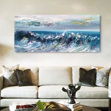 Blue Large Living Room Wall Arts Hand Painted Modern Abstract Seascape Home Room
