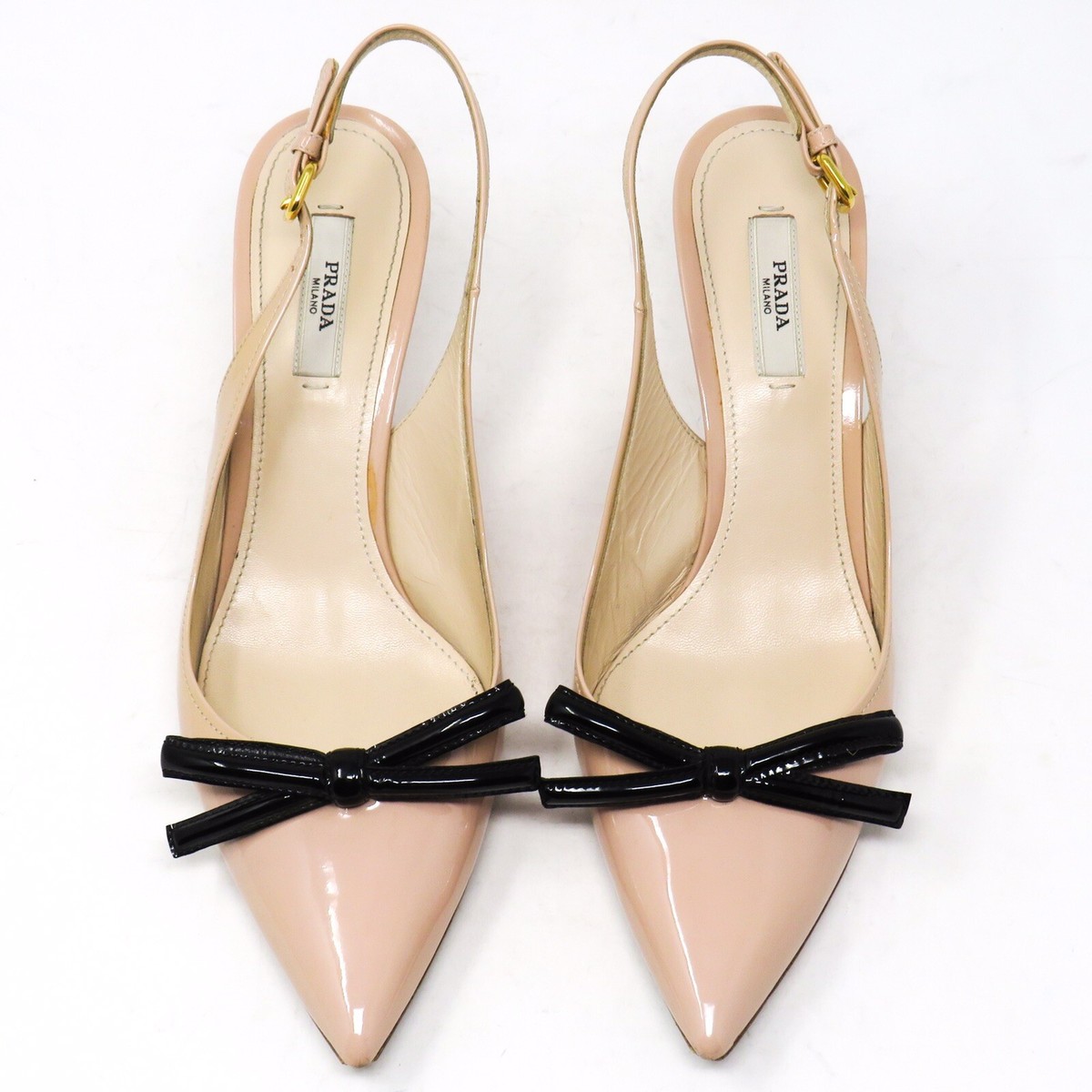 PRADA Bow Nude Beige Patent Leather Sling Back Pumps Heels