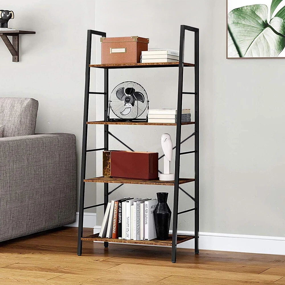 Vintage Industrial Bookcase Tall Shelf Rack Wooden Display Unit Ladder Bookshelf