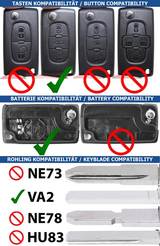 Klapp Schlüssel Gehäuse 3T Rohling VA2 für Peugeot Citroen Batterie - 第 2/10 張圖片