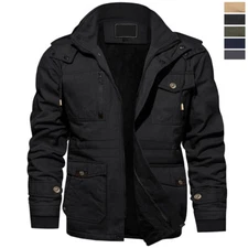 Men's Cargo Work Firm Jacket Thermal Fleece Lined Winter Warm Hooded Cotton Coat