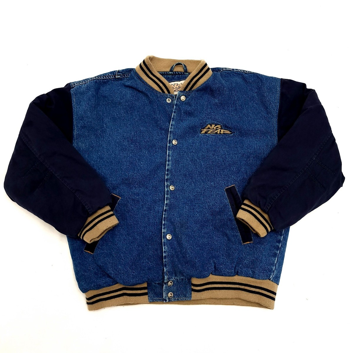 Vintage 90s Y2K No Fear Varsity Bomber Jacket Navy Denim Men Large