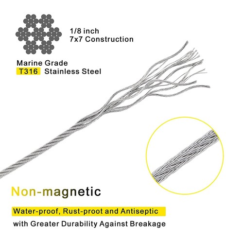 1/8" 316 Stainless Steel Wire Rope with Cutter 500FT Aircraft Cable for