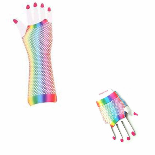Ladies Fishnet Gloves Rainbow Fingerless Neon Party Dance 70s 80s Womens Glove - Picture 13 of 26