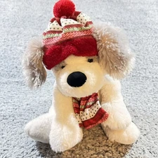 Plush White Christmas Puppy Dog 10” Plaid Hat & Scarf  Soft Hugfun International