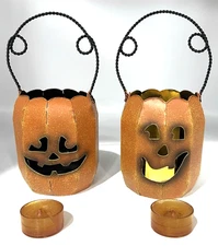 2 Vintage Metal Hanging Halloween Jack-o-Lantern Pumpkin Tealight Holders