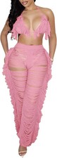 Women's 2 Pc Outfits Hollow Out Halter top Tassel shorts or Pants Set Beachwear