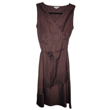 Charivarie L Brown Striped Wrap Dress Sleeveless Belted Midi V-Neck Woven