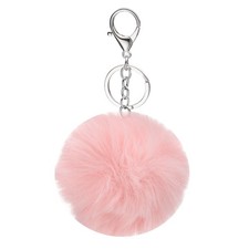 Pom Pom Keychain, 8 cm Soft Cute Fluffy Ball Key Ring, Pink