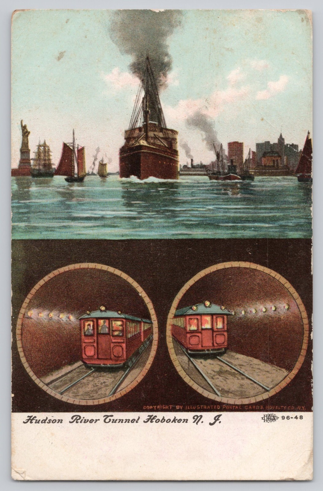 Hudson River Tunnel Hoboken New Jersey NJ Train Ships 1908 Antique Postcard