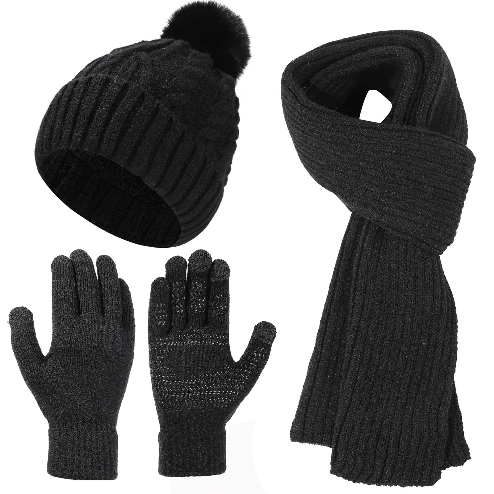 Winter Hat Scarf Gloves Set for Warm Knit Beanie Touchscreen Thermal Gloves L...