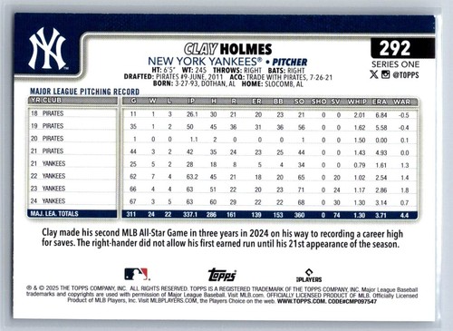 2025 Topps Serie 1 - Clay Holmes #292 - Foto 2 di 2