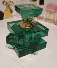 Vntg Art Glass Ornamental Perfume Bottle Atomizer Green Stacked Squares Appx 3"