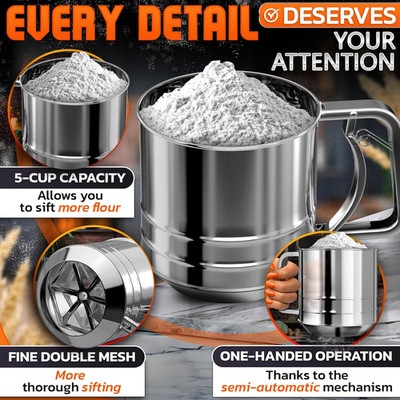 5 Cup Flour Sifter for Baking   Flour Sifter Stainless Steel with Easy One-Ha...