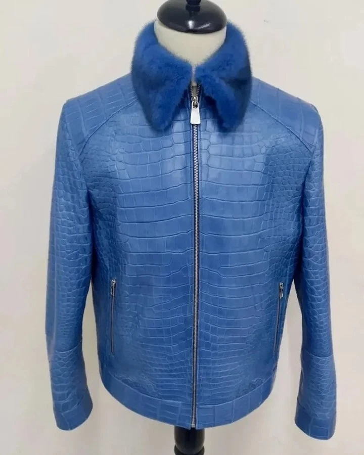 Men's Blue Crocodile Embossed Leather Jacket Fur Collar Zip Front Luxury Coat