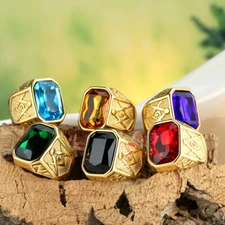 Mens Signet Ring Stainless Steel Vintage Masonic Freemason Symbol Band Statement