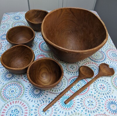 Vintage Wooden Teak Waved Edge Salad Bowl set w/ Utensils - Made in Thailand