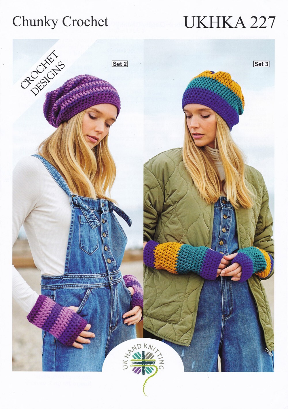 UKHKA 227 Womens Chunky Crochet Pattern Winter Beanie Hat & Fingerless Gloves